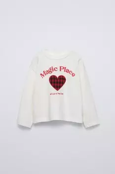 Футболка с вышитым сердцем ZARA, цвет oyster/white