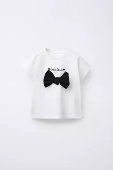 Футболка с вышитым слоганом и бантом ZARA, белый