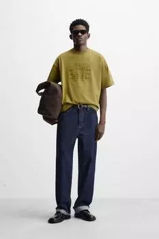 Футболка с вышитым слоганом ZARA, хаки