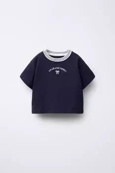 Футболка с вышитым слоганом ZARA, темно-синий