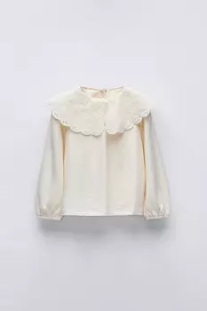 Футболка с вышитым воротником ZARA, экрю