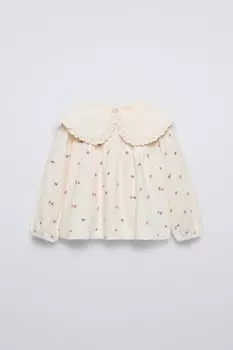 Футболка с вышитым воротником ZARA, экрю