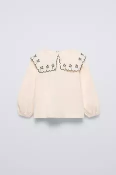 Футболка с вышитым воротником ZARA, экрю
