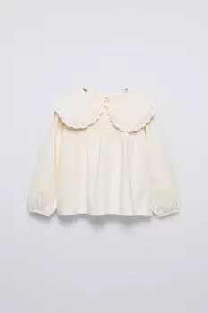Футболка с вышитым воротником ZARA, экрю