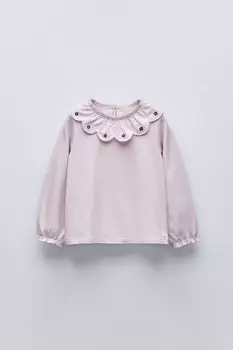 Футболка с вышитым воротником ZARA, цвет lavender