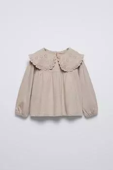 Футболка с вышитым воротником ZARA, цвет stone