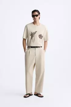 Футболка с вышитыми цветками ZARA, кэмел