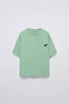 Футболка с вышитыми мотивами ZARA, средне-зеленый
