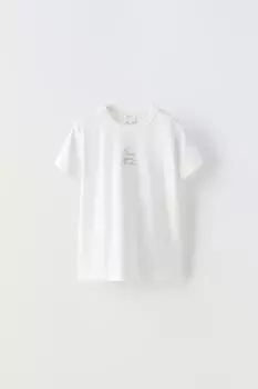 Футболка с вышиванным слоганом ZARA, белый