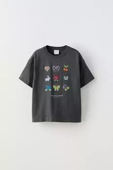 Футболка с вышивкой крестом ZARA, антрацитовый серый