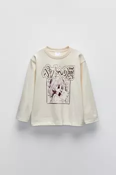 Футболка с вышивкой на рукавах ZARA, экрю