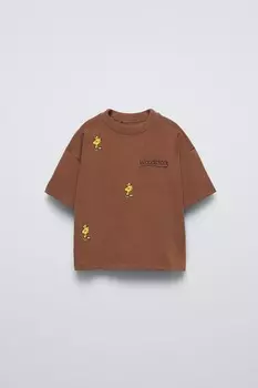Футболка с вышивкой snoopy peanuts ZARA, коричневый
