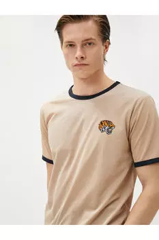 Футболка с вышивкой Tiger, круглый вырез, приталенный крой, с короткими рукавами Koton, экрю