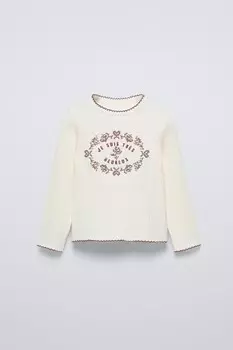 Футболка с вышивкой в рубчик ZARA, экрю