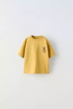 Футболка с вышивкой ZARA, охра