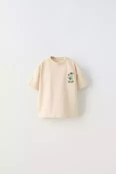 Футболка с вышивкой ZARA, светло-бежевый