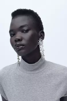 Футболка с высоким воротом в ребре ZARA, серый мергель
