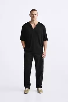Футболка с застегиваемым воротом ZARA, черный