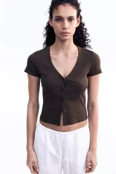 Футболка с застежкой на пуговицы спереди H&M, коричневый