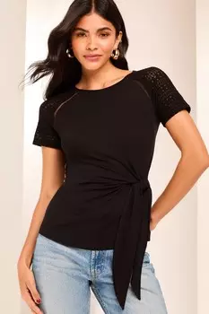 Футболка с завязками по бокам и отделкой крючком Lipsy, черный