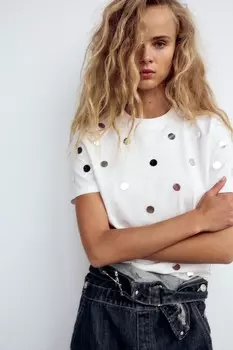 Футболка с зеркальной аппликацией ZARA, белый