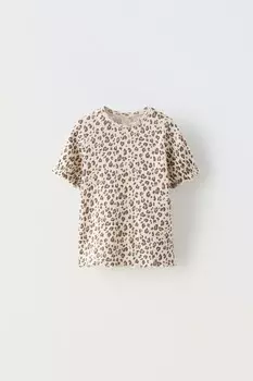 Футболка с животным принтом из открытого трикотажа ZARA, экрю