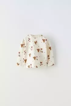 Футболка с животными ZARA, светлый экрю