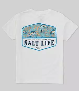 Футболка Salt Life Big Boys 8–20 с короткими рукавами, скрытая морская тема, белый