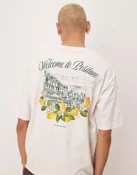 Футболка Selected Homme oversize из плотной ткани с принтом лимонов Позитано на спине в кремовом цвете