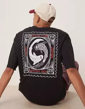 Футболка Selected Homme oversize с принтом кои на спине черного цвета