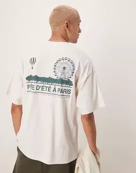 Футболка Selected Homme oversize с принтом Парижа на спине кремового цвета