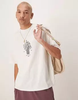 Футболка Selected Homme oversize с принтом в виде вазы на груди кремового цвета