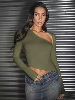 Футболка SHEIN BAE, лето/весна, однотонная, асимметричная, с плотным низом, темно-зеленый