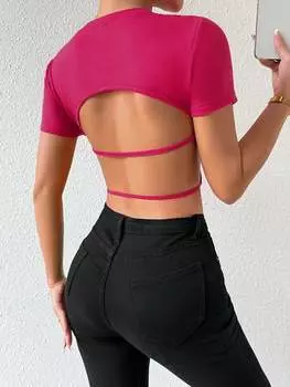 Футболка SHEIN Essnce, однотонная, с открытой спиной, идеальная посадка, розовый фуксия