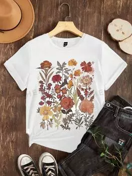 Футболка Shein Essnce с цветочным и растительным узором, белый