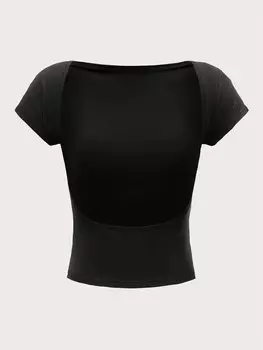 Футболка SHEIN EZwear, без спинки, рукава «летучая мышь», однотонная, черный цвет