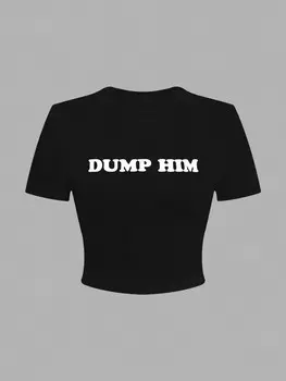 Футболка SHEIN EZwear, буквенный узор, круглый вырез, облегающий крой, короткий рукав, подходит для повседневной летней одежды, черный цвет