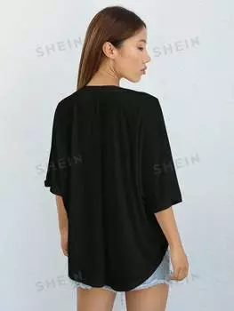 Футболка Shein Ezwear с короткими рукавами и неровным краем, черный