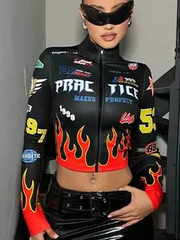 Футболка SHEIN ICON, буквенный узор, укороченная молния спереди, черный цвет