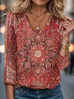 Футболка Shein Lune с длинным рукавом и V-образным вырезом, красный