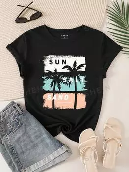 Футболка Shein Lune с принтом кокосовой пальмы и букв, черный