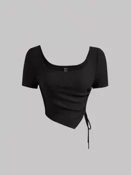 Футболка SHEIN MOD, кулиска сбоку, асимметричный низ, черный цвет