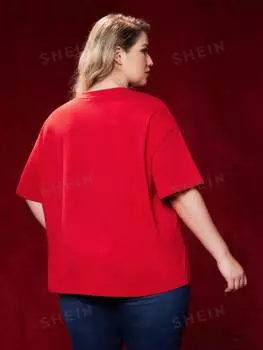 Футболка Shein Plus с рисунком и надписью, красный