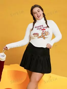 Футболка Shein Plus с высоким воротником и мультяшным принтом, бежевый