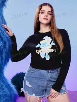 Футболка Shein Plus The Smurfs Plus с рисунком букв и мультфильмов, черный