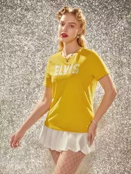 Футболка Shein с буквенным принтом, горчично-желтый