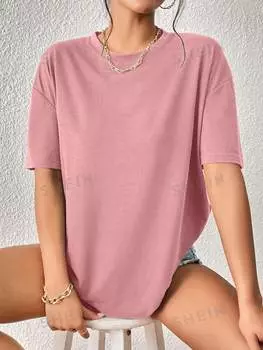 Футболка Shein с короткими рукавами и заниженными плечами, розовый