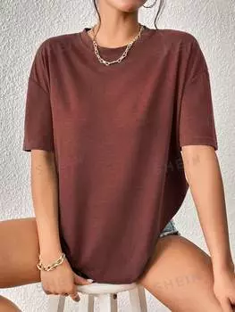 Футболка Shein с короткими рукавами и заниженными плечами, коричневый