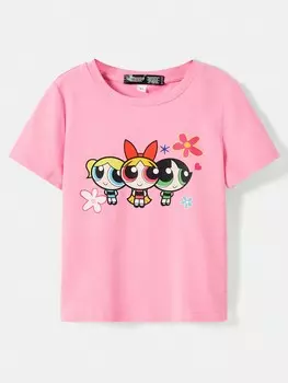 Футболка Shein с мультяшным рисунком и цветочным принтом, розовый