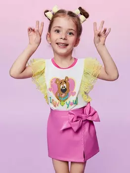 Футболка Shein с мультяшным рисунком и расклешенными рукавами, розовый / желтый